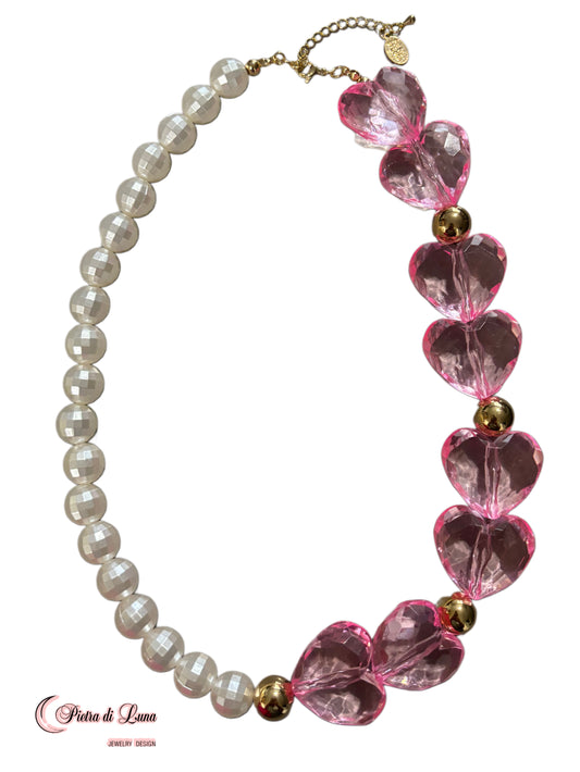 Collar corazon rosa y perlas